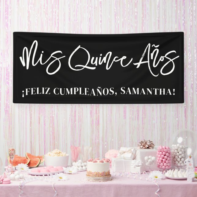 Schwarz-Weiß-Pinselskript Mis Quince Años Banner (Party)