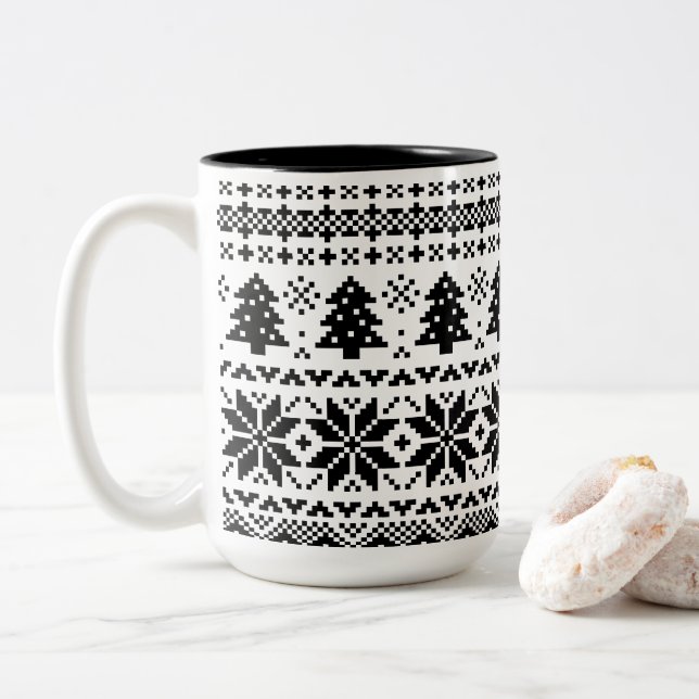 Schwarz-Weiß-Pixel-Strick Sweater Winter-Tasse Zweifarbige Tasse (Mit Donut)