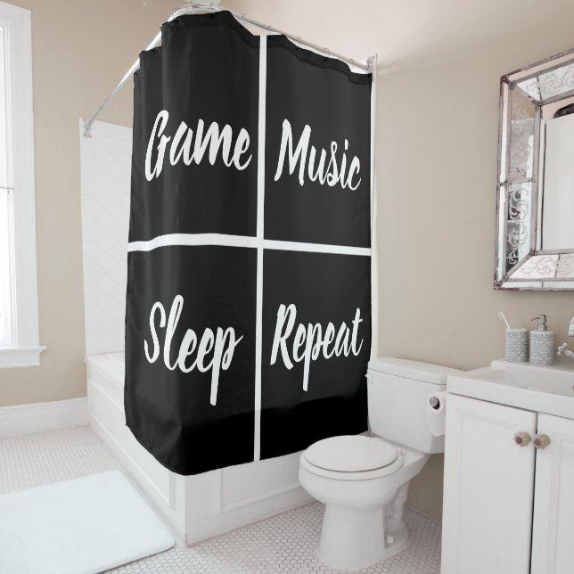 Schwarz-Weiß-Plätze mit sonnigen Worten Duschvorhang (Beispiel)