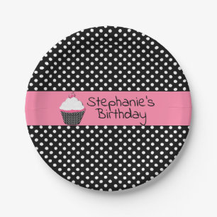 Schwarz-Weiß-Polka Dot-Cupcake-Papierplatte Pappteller
