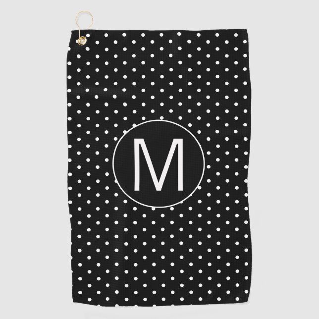 Schwarz-weiß Polka Dot Monogramm Golfhandtuch (Vorderseite)