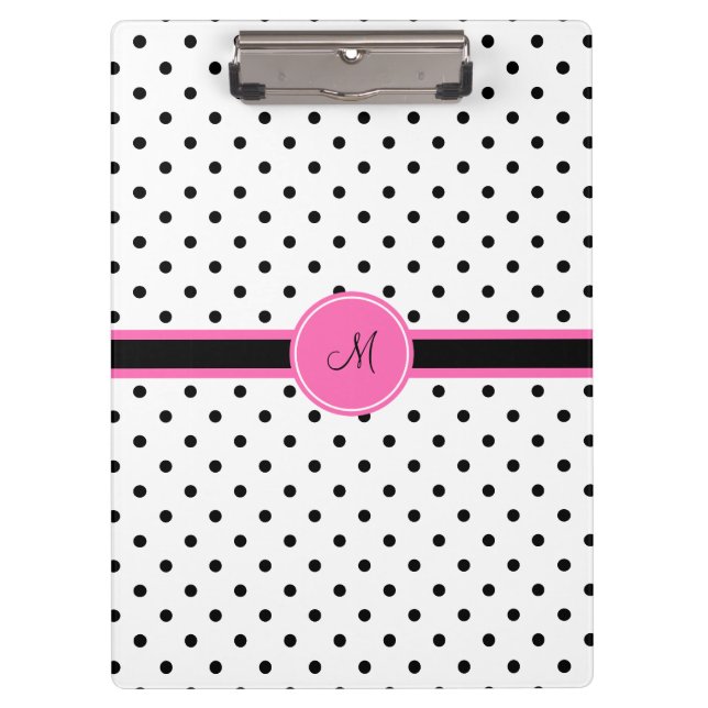 Schwarz-Weiß-Polka-Dot Monogramm mit Hot-Pink Klemmbrett (Vorderseite)