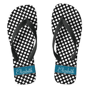 Schwarz-Weiß-Polka-Dot-Muster Blaues Monogramm Flip Flops