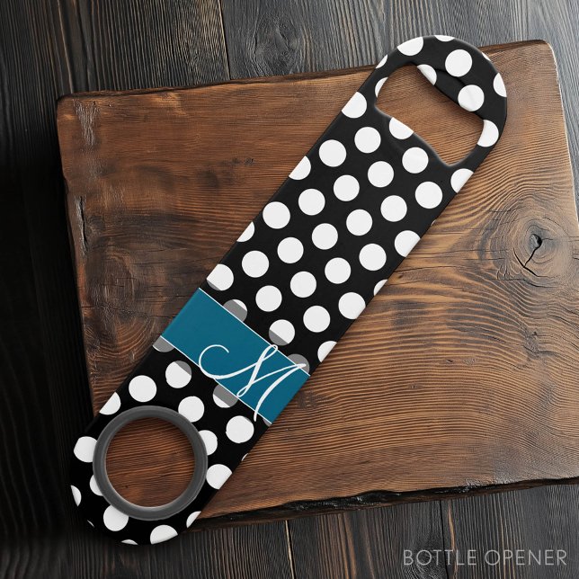 Schwarz-Weiß-Polka-Dot-Muster Blaues Monogramm Speed Flaschenöffner (Custom Bar Key)