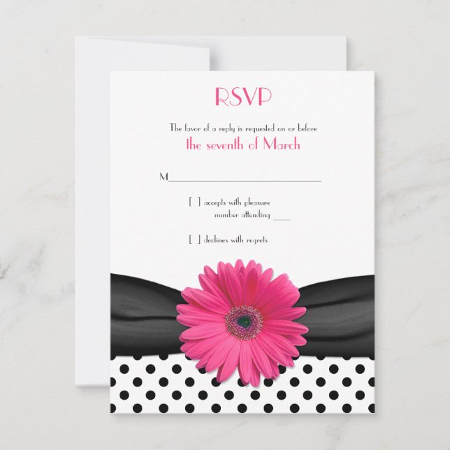 Schwarz-weiß Polka Dot Pink Daisy Wedding RSVP (Vorderseite)