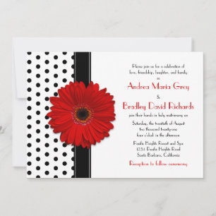Schwarz-weiß Polka Dot Red Daisy Wedding Einladung