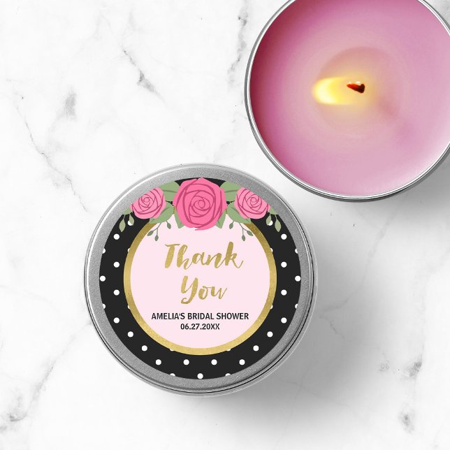 Schwarz-weiß Polka Dot Rose Danke Brautparty Runder Aufkleber (Von Creator hochgeladen)