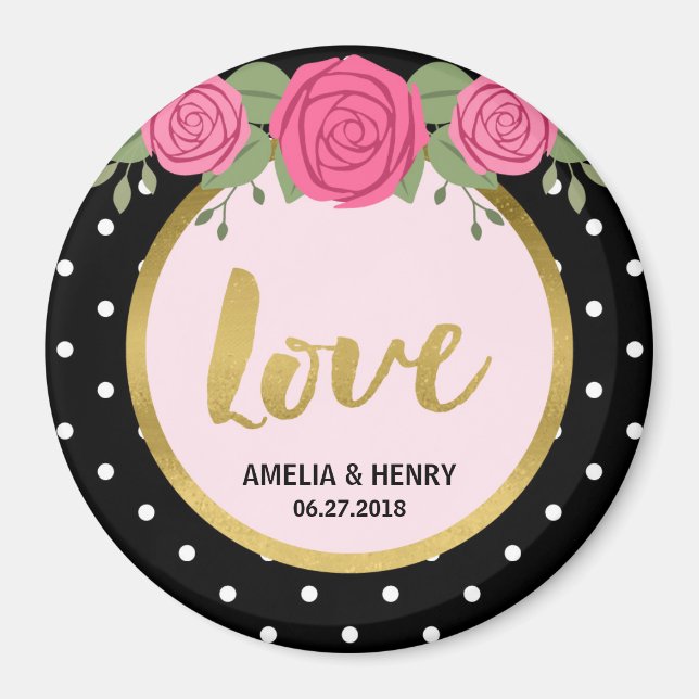Schwarz-Weiß-Polka-Dot-Rose Hochzeit Liebe Magnet (Vorne)