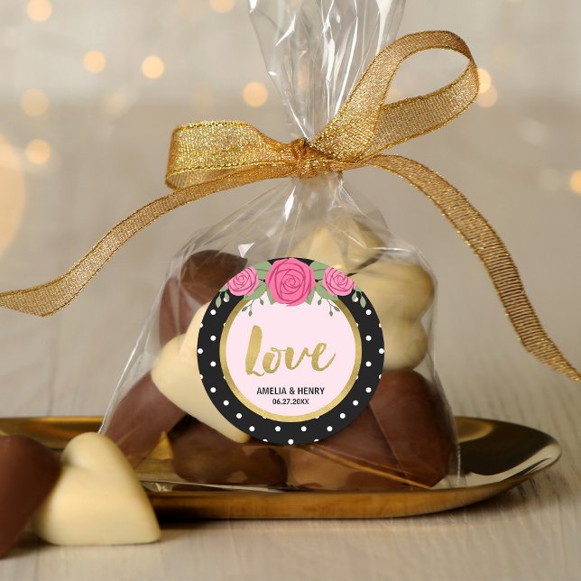 Schwarz-Weiß-Polka-Dot-Rose Hochzeit Liebe Runder Aufkleber (Von Creator hochgeladen)