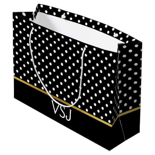 Schwarz-Weiß-Polka-Dot und Monogramm Große Geschenktüte (Rückseite Schrägansicht)