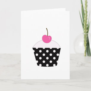 Schwarz-Weiß-Polka-Dotkuchen mit rosa Kirsche Karte