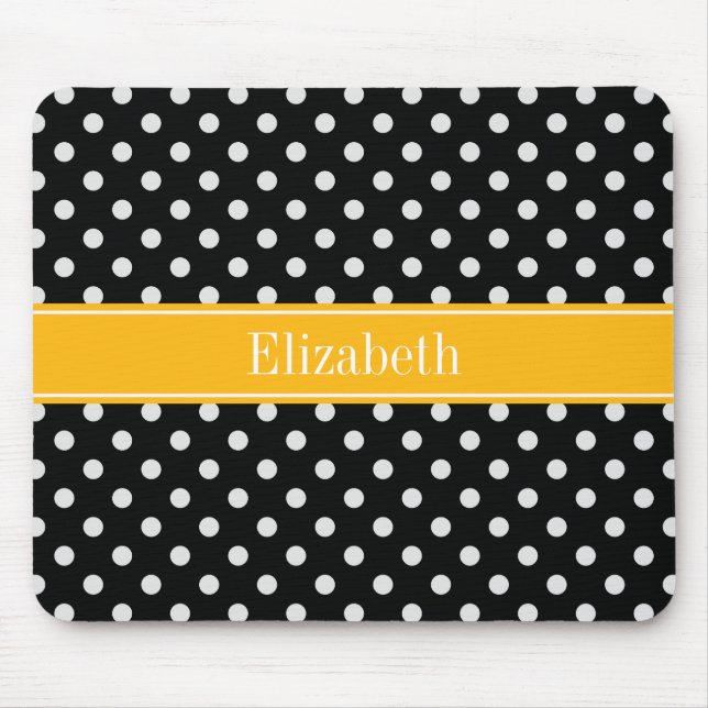Schwarz-weiß Polka Dots Goldenrod Name Monogram Mousepad (Vorne)