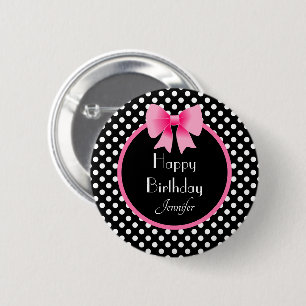 Schwarz & Weiß Polka Dots Muster rosa Bow Name Button