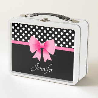 Schwarz & Weiß Polka Dots Muster rosa Bow Name Metall Brotdose