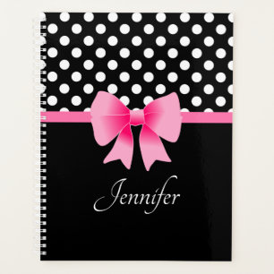 Schwarz & Weiß Polka Dots Muster rosa Bow Name Planer