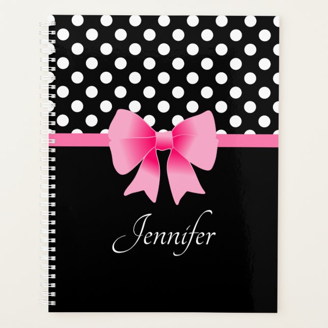 Schwarz & Weiß Polka Dots Muster rosa Bow Name Planer (Vorderseite)