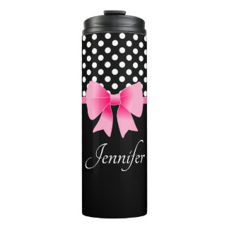 Schwarz & Weiß Polka Dots Muster rosa Bow Name Thermosbecher