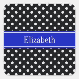 Schwarz-weiß Polka Dots Royal Blue Name Monogram Quadratischer Aufkleber