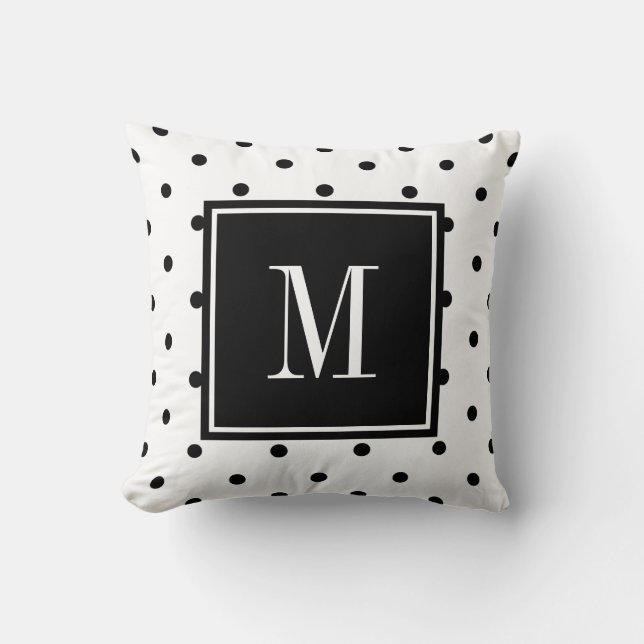 Schwarz-Weiß-Polka-Punkt minimaler MONOGRAM Kissen (Vorderseite)