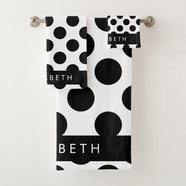Schwarz-Weiß-Polka-Punkte, Dotter, Ihr Name Badhandtuch Set (Insitu)
