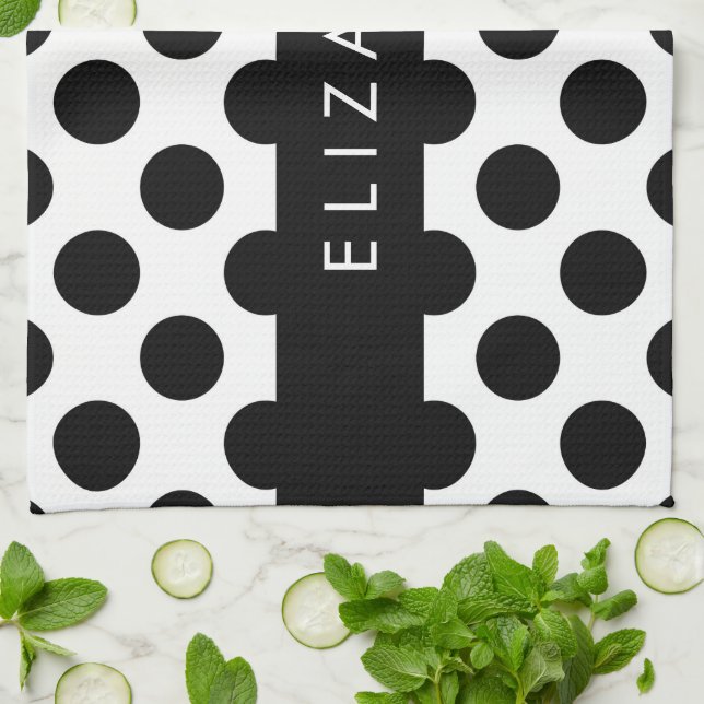 Schwarz-Weiß-Polka-Punkte, Dotter, Ihr Name Geschirrtuch (Gefaltet)
