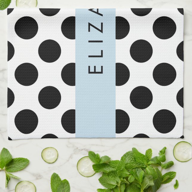 Schwarz-Weiß-Polka-Punkte, Dotter, Ihr Name Geschirrtuch (Gefaltet)