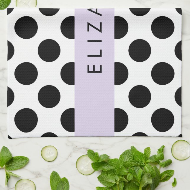 Schwarz-Weiß-Polka-Punkte, Dotter, Ihr Name Geschirrtuch (Gefaltet)