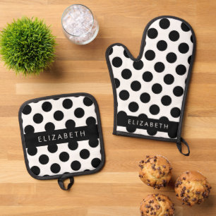Schwarz-Weiß-Polka-Punkte, Dotter, Ihr Name Ofenhandschuh & Topflappen-Set