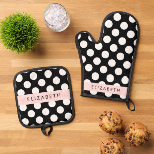 Schwarz-Weiß-Polka-Punkte, Dotter, Ihr Name Ofenhandschuh & Topflappen-Set
