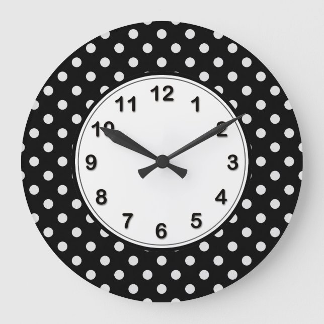 Schwarz-Weiß-Polka-Punktmuster Große Wanduhr (Vorderseite)