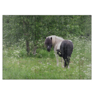 Schwarz-Weiß-Pony in Gras und Blume Schneidebrett