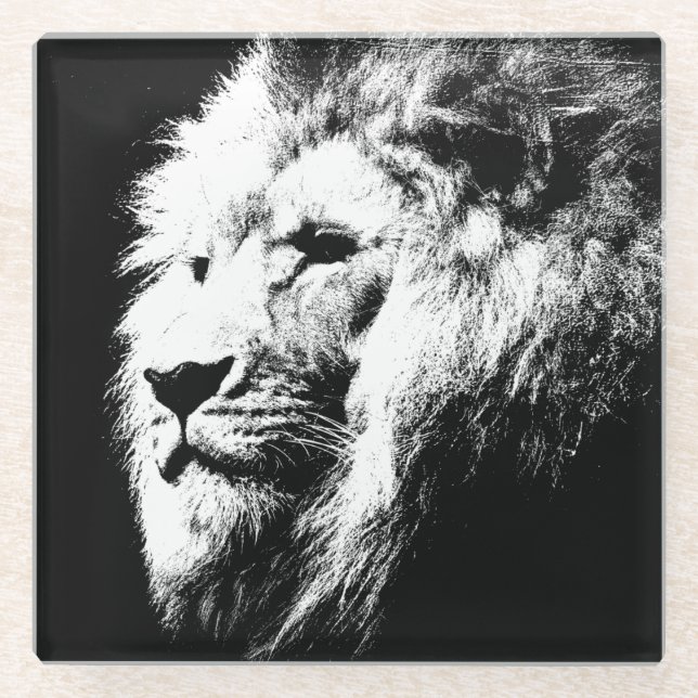 Schwarz-Weiß-Pop Art Lion Head Moderne Moderne Glasuntersetzer (Vorderseite)