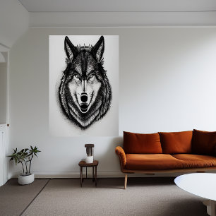 Schwarz-Weiß-Porträt eines Wolfs   AI Art Poster