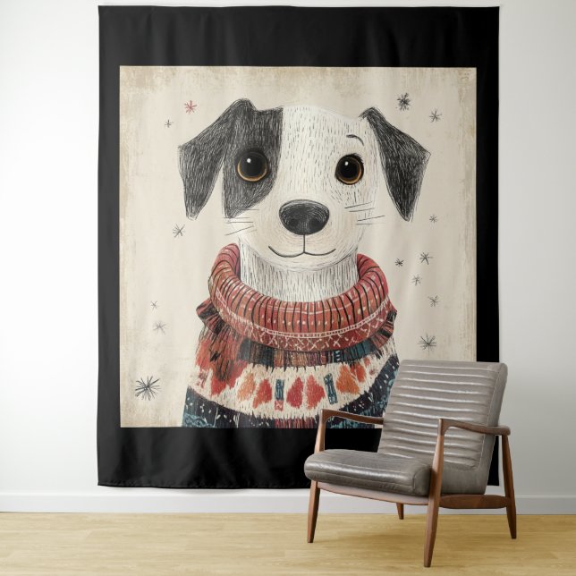 Schwarz-Weiß-Pulli-Hündchen mit Schnee Wandteppich (Beispiel)