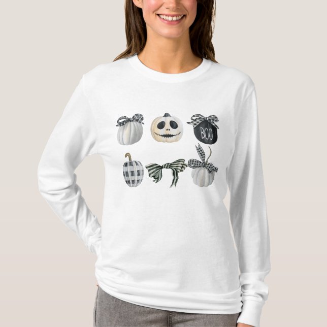 Schwarz-weiß Pumpkin Coquette Bow Halloween T-Shirt (Vorderseite)