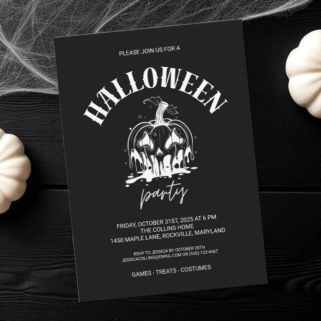 Schwarz-Weiß-Pumpkin-Erwachsener-Halloween-Party Einladung (Black and White Pumpkin Adult Halloween Party Invitation)