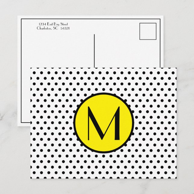 Schwarz-Weiß-Punkte mit gelbem Monogramm Postkarte (Vorne/Hinten)