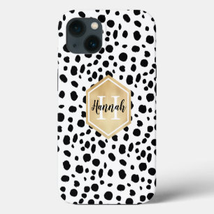 Schwarz-weiß-Punkte-Muster Gold-Monogramm iPhone 13 Hülle