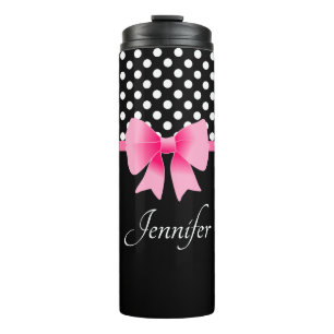 Schwarz-Weiß-Punkte-Muster Rosa-Schleife-Name Thermosbecher