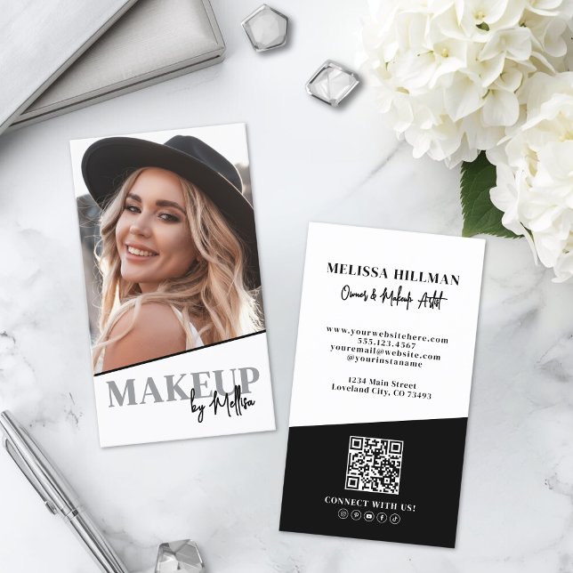 Schwarz Weiß QR-Code Foto Make-up Vertikal Visitenkarte (Black White QR Code Photo Makeup Vertical Business Card )