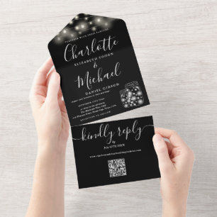 Schwarz-Weiß-QR-Code-Mason-Gläser-Lichter-Hochzeit All In One Einladung