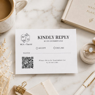 Schwarz-Weiß-QR-Code-Monogramm-Hochzeitsantwort RSVP Karte