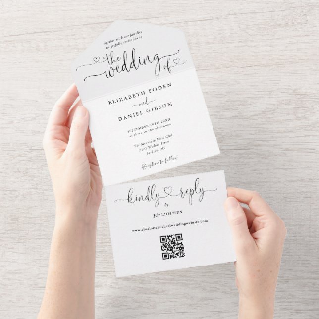 Schwarz-Weiß-QR-Code-Script-Herzen Hochzeit All In One Einladung (Abreißen)