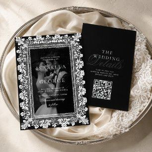 Schwarz-weiß QR Foto Spitze Altes Geld Hochzeit Einladung