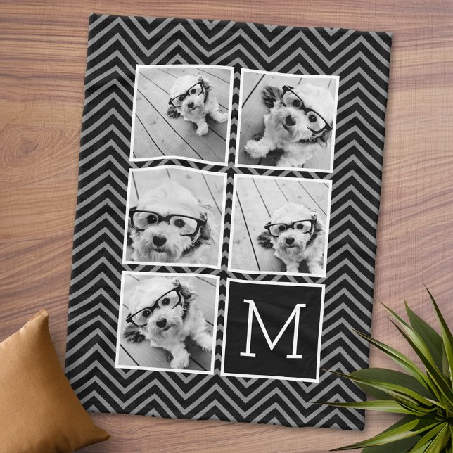 Schwarz-weiß-Quadrat-5-Fotoleitermonogramm Fleecedecke (Personalized Fleece Blanket - Add Photos and Text or Customize completely in advanced design area)