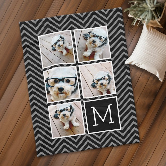 Schwarz-weiß-Quadrat-5-Fotoleitermonogramm Fleecedecke (Personalized fleece blanket with 5 photos and a monogram)
