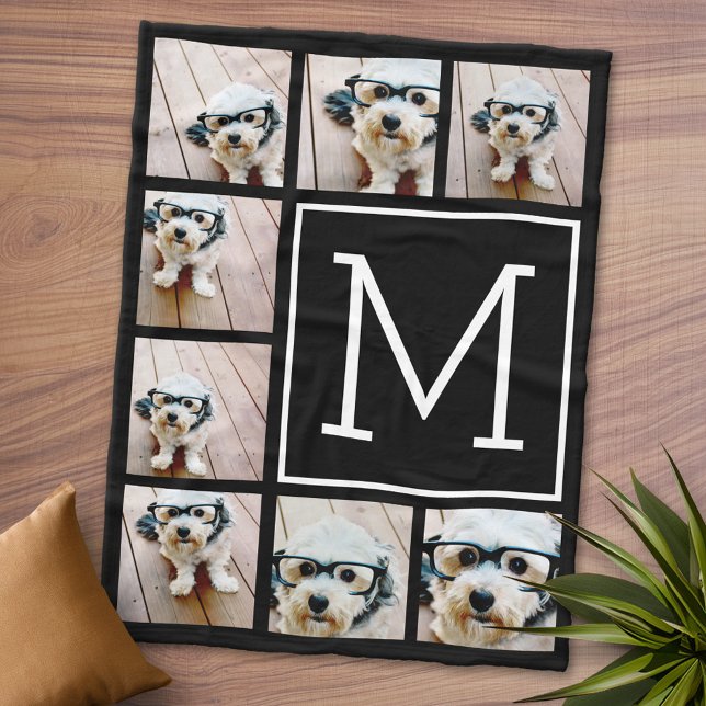 Schwarz-Weiß-Quadrat 8-Fotoleitermonogramm Fleecedecke (Personalized Fleece Blanket - Add Photos and Text or Customize completely in advanced design area)