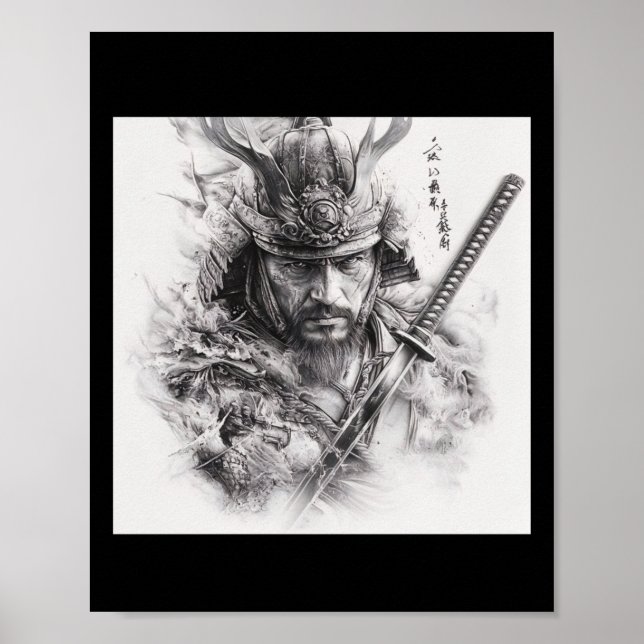 Schwarz-Weiß-Realistischer Samurai-Stift Zeichnend Poster (Vorne)