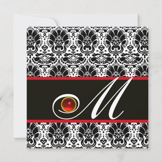 SCHWARZ-WEISS RED DAMASK MONOGRAM Ruby Einladung (Vorderseite)