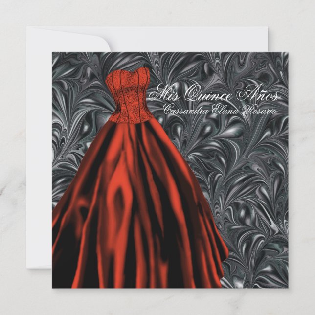 Schwarz-weiß Red Dress Black Red Quinceanera Einladung (Vorderseite)